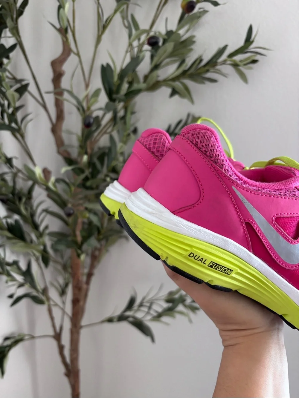 Nike Women's Dual Fusion Hot Pink and Neon Green Running Shoes 6Y